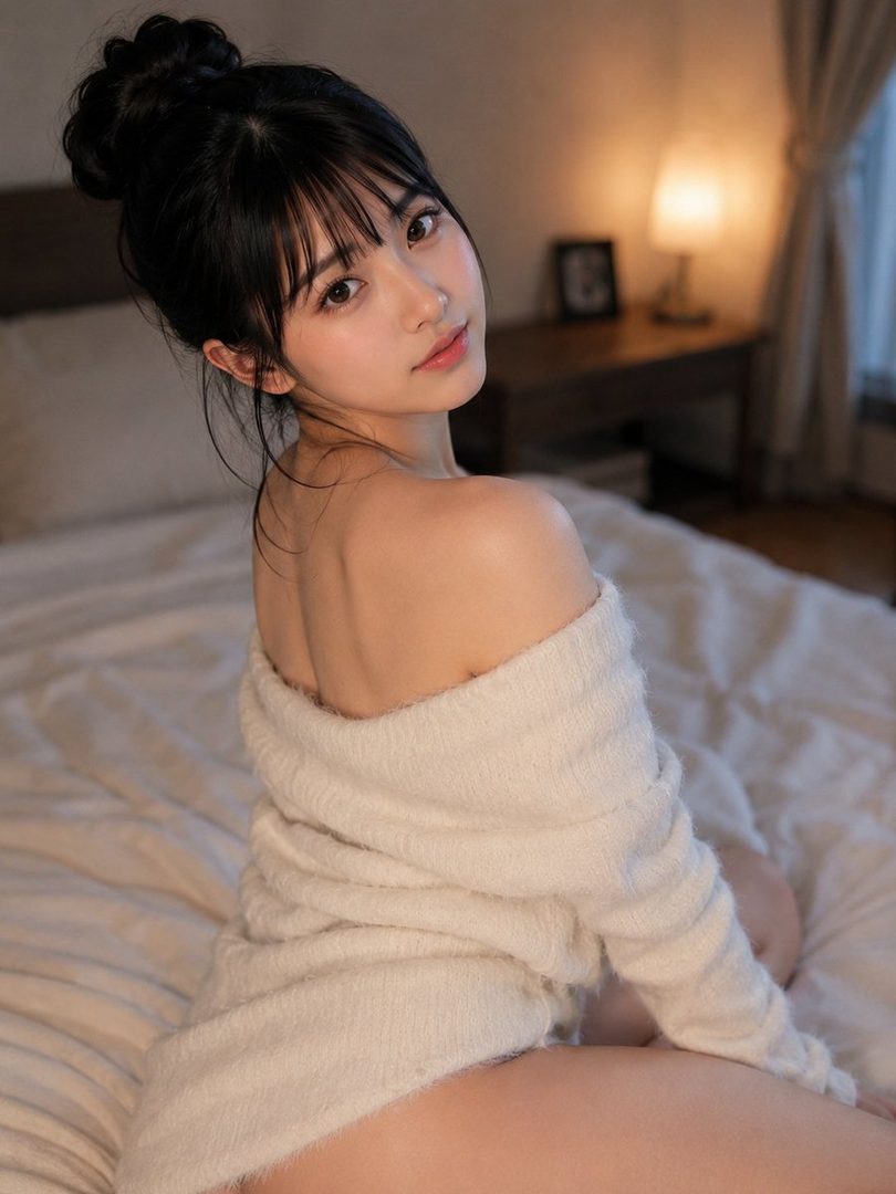 A young woman with black hair and bangs, wearing an off-the-shoulder white knit sweater, poses suggestively in a bedroom.