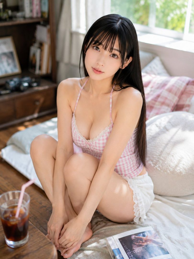 A cute AI-generated woman with long black hair and bangs sits indoors, wearing a pink gingham top and white shorts.