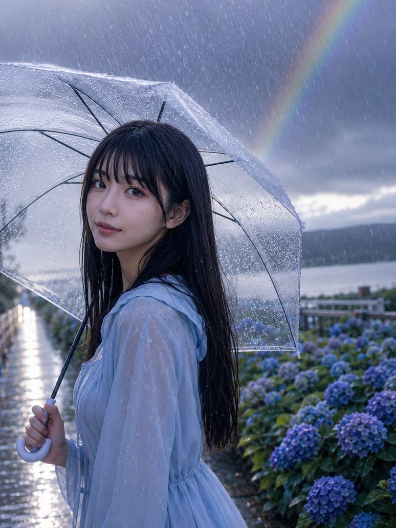 A young woman with long black hair and bangs holds a clear umbrella in the rain, with a rainbow in the background and purple hydrangeas in the foreground.