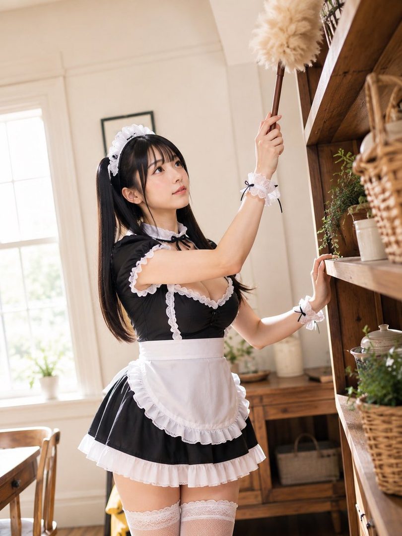 A cute AI-generated girl in a maid outfit is dusting a wooden shelf indoors.
