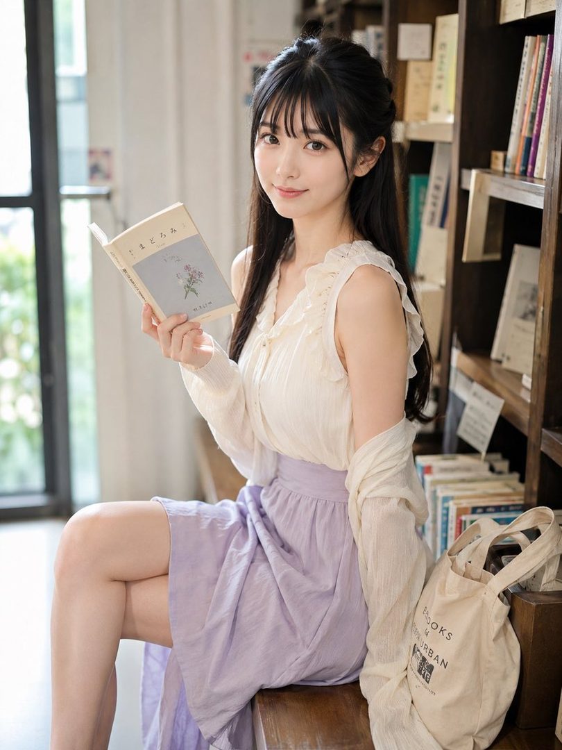 A young woman with long black hair and bangs, wearing a white top and purple skirt, sits indoors holding a book and smiling at the camera.