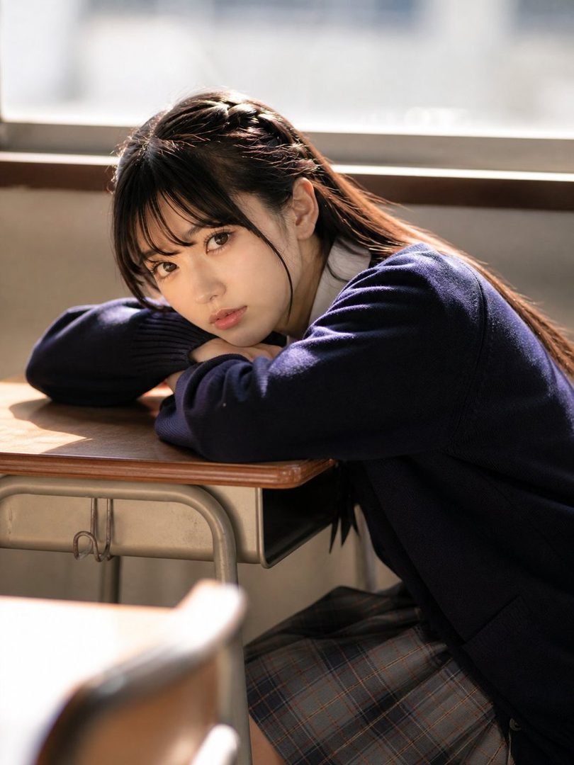 A young woman with long black hair and bangs, wearing a school uniform, rests her head on her arms at a desk in a classroom.