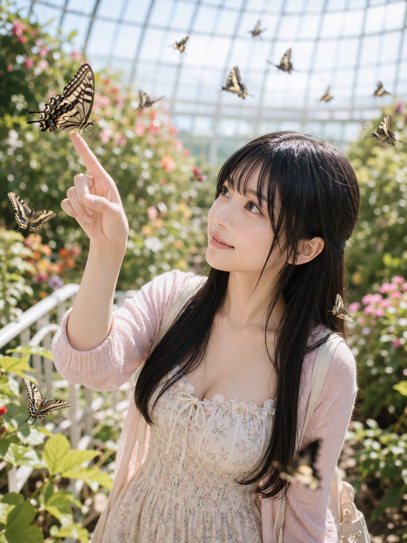 A beautiful woman with long black hair in a floral dress interacts with butterflies in a lush garden.