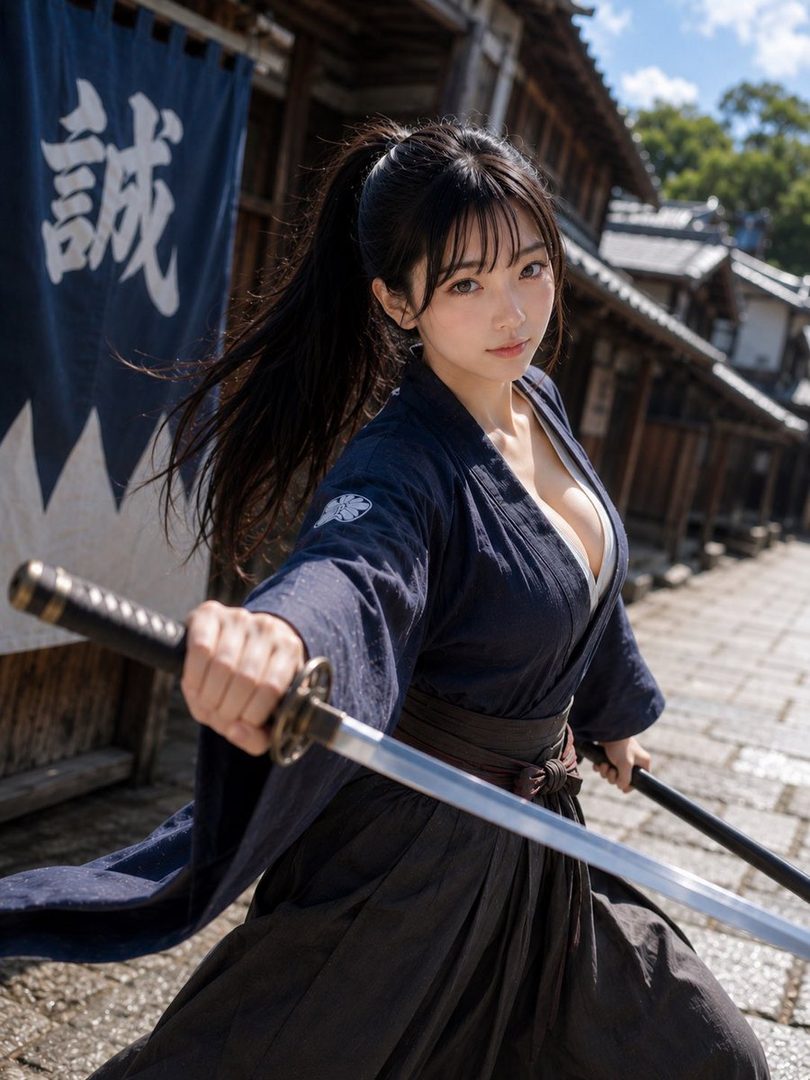 A woman in traditional Japanese attire with a katana stands on a street with old buildings.