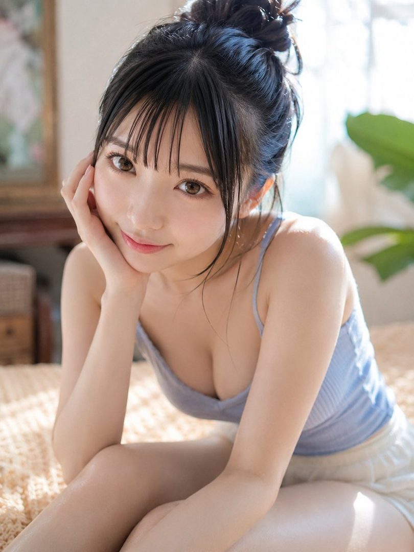 A cute AI-generated woman with black hair and bangs, wearing a light blue top, poses indoors with a soft smile.