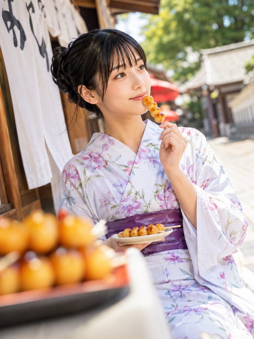 A young woman in a floral kimono enjoys mitarashi dango outdoors on a sunny day.