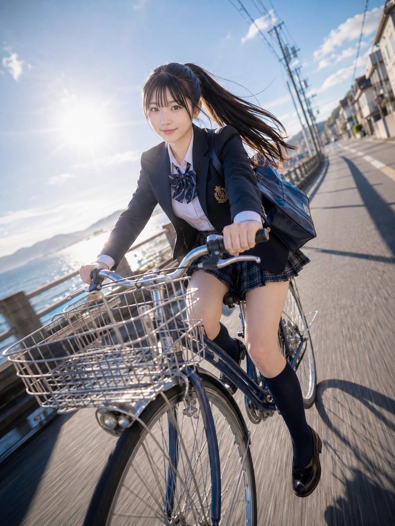 A young woman with black hair in a ponytail, wearing a school uniform, rides a bicycle on a sunny day by the sea.