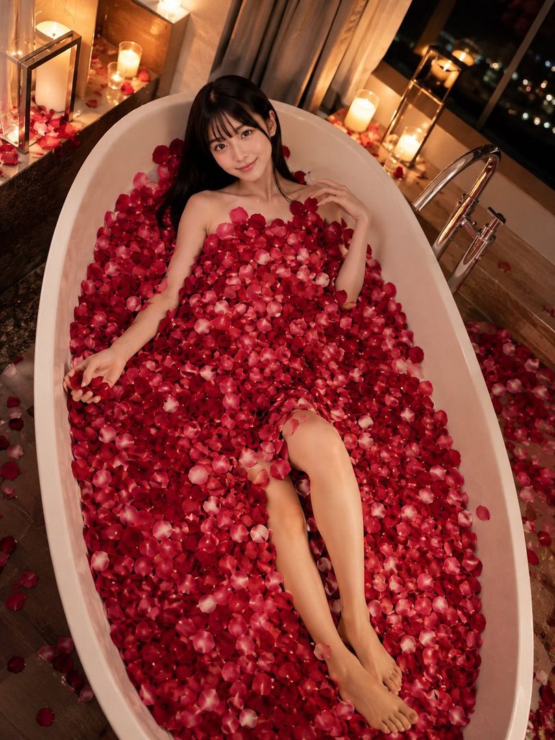 A woman with long black hair is lying in a bathtub filled with red rose petals, looking at the camera.