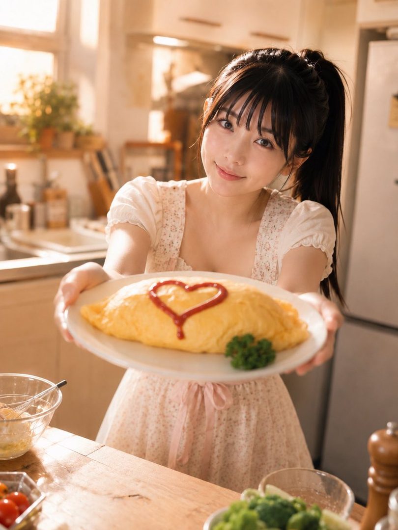 A cute AI-generated woman with black hair in a ponytail and bangs, wearing a light-colored dress, holds out a plate of omurice with a ketchup heart in a sunlit kitchen.