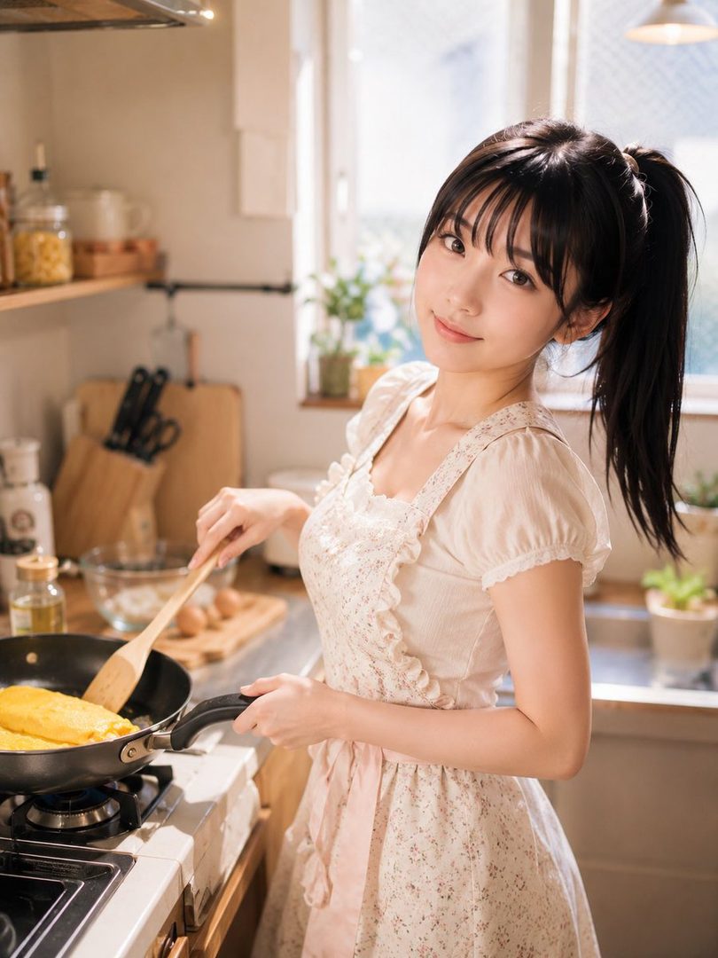 A cute young woman with black hair tied in a ponytail and bangs, wearing a light-colored apron, smiles while cooking an omelet in a kitchen.