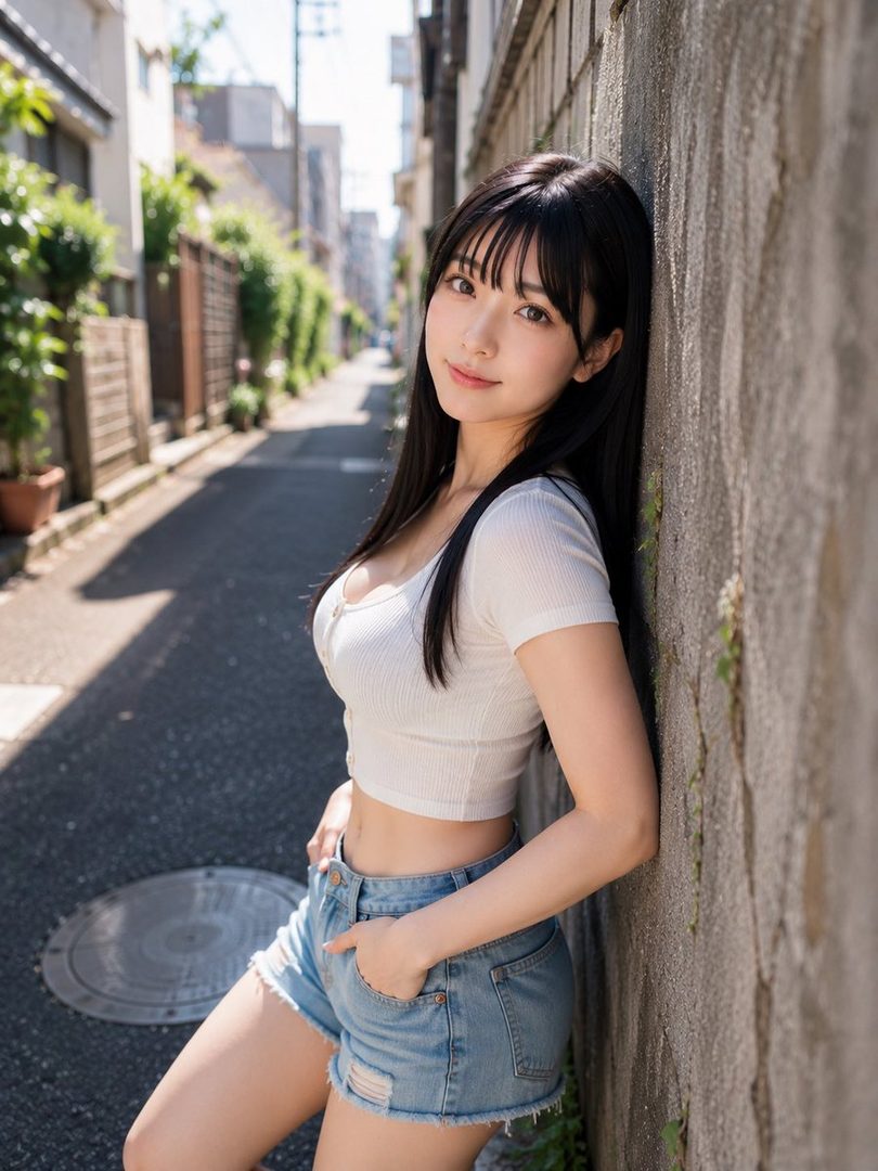 A young woman with long black hair and bangs, wearing a white crop top and denim shorts, leans against a wall on a sunny street.