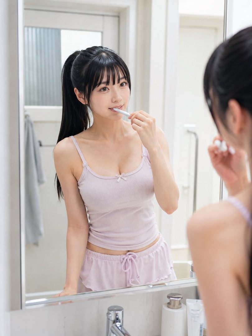 A young woman with black hair in a ponytail and bangs brushes her teeth in front of a mirror, wearing a light purple camisole and shorts.