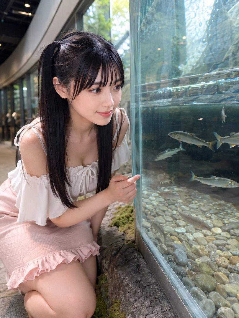 A young woman with black hair in pigtails and bangs, wearing a white off-shoulder top and pink skirt, kneels beside an indoor aquarium, pointing at the fish.