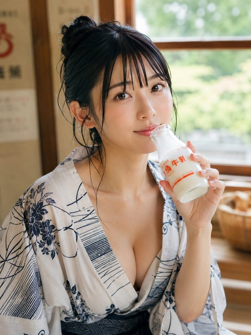 A young woman with black hair in a kimono holds a bottle of milk to her lips, looking at the camera.