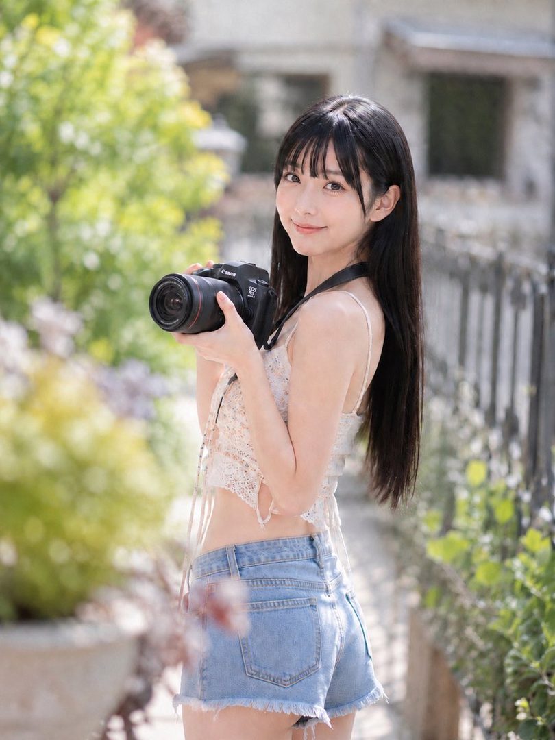A young woman with long black hair and bangs, wearing a white top and denim shorts, holds a camera outdoors.