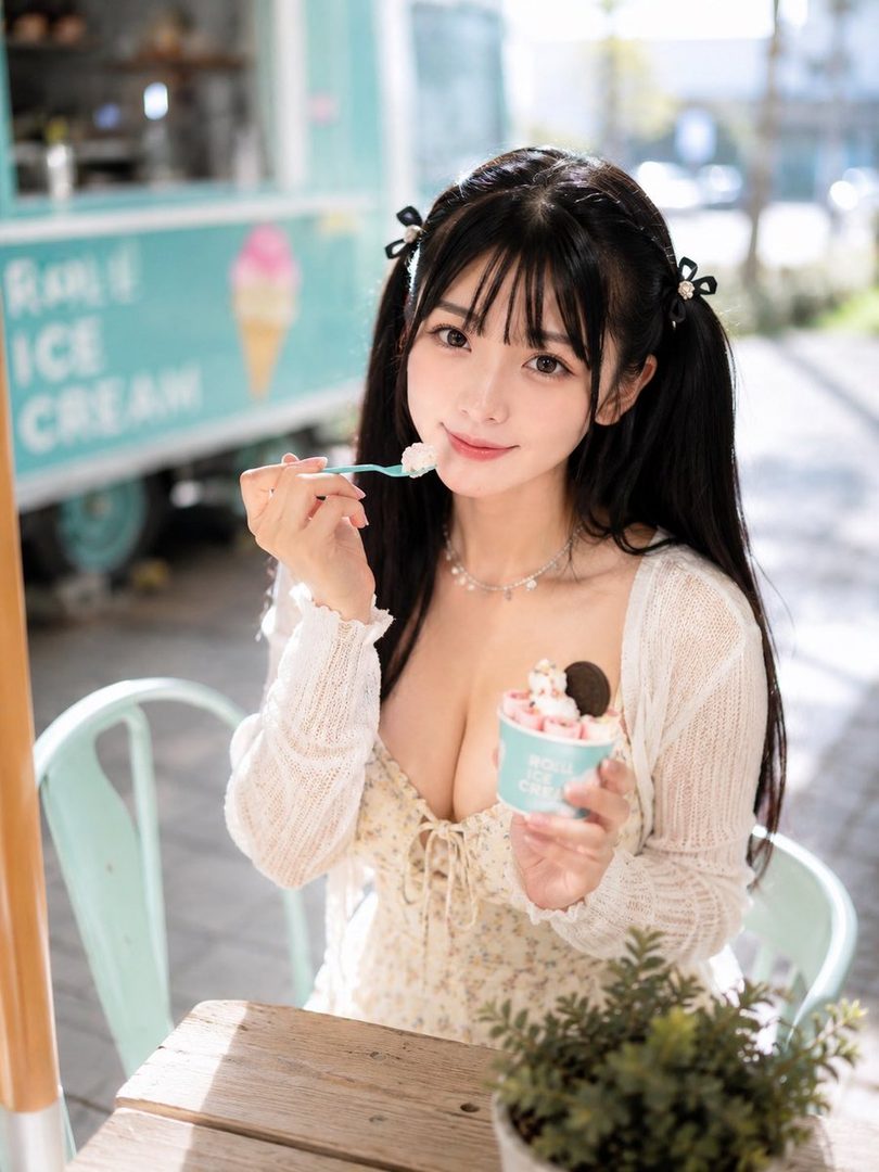 A cute AI-generated woman with black twintails and bangs, wearing a white cardigan and floral dress, eats ice cream outdoors.