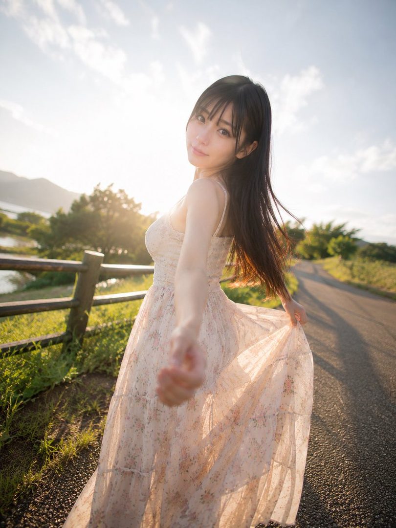 A beautiful woman in a floral dress poses outdoors during golden hour, looking back at the camera with a gentle smile.