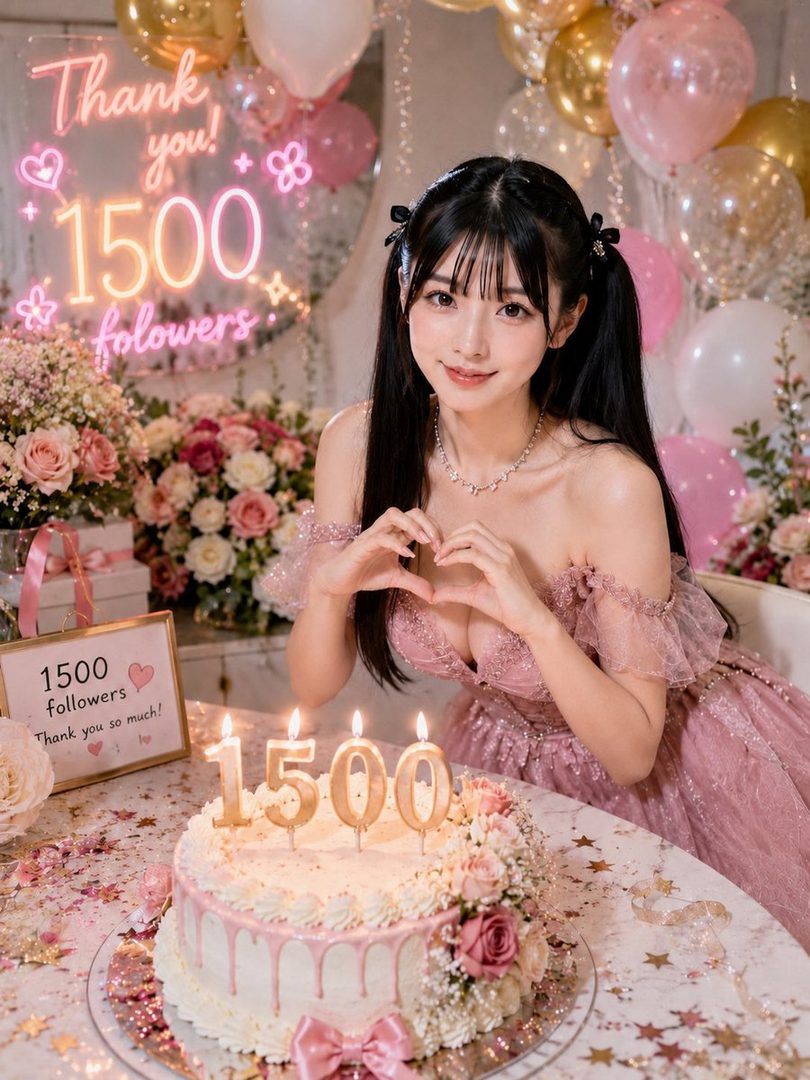 A cute AI-generated woman with black twintails and bangs, wearing a pink off-shoulder dress, celebrates 1500 followers with a cake and balloons.