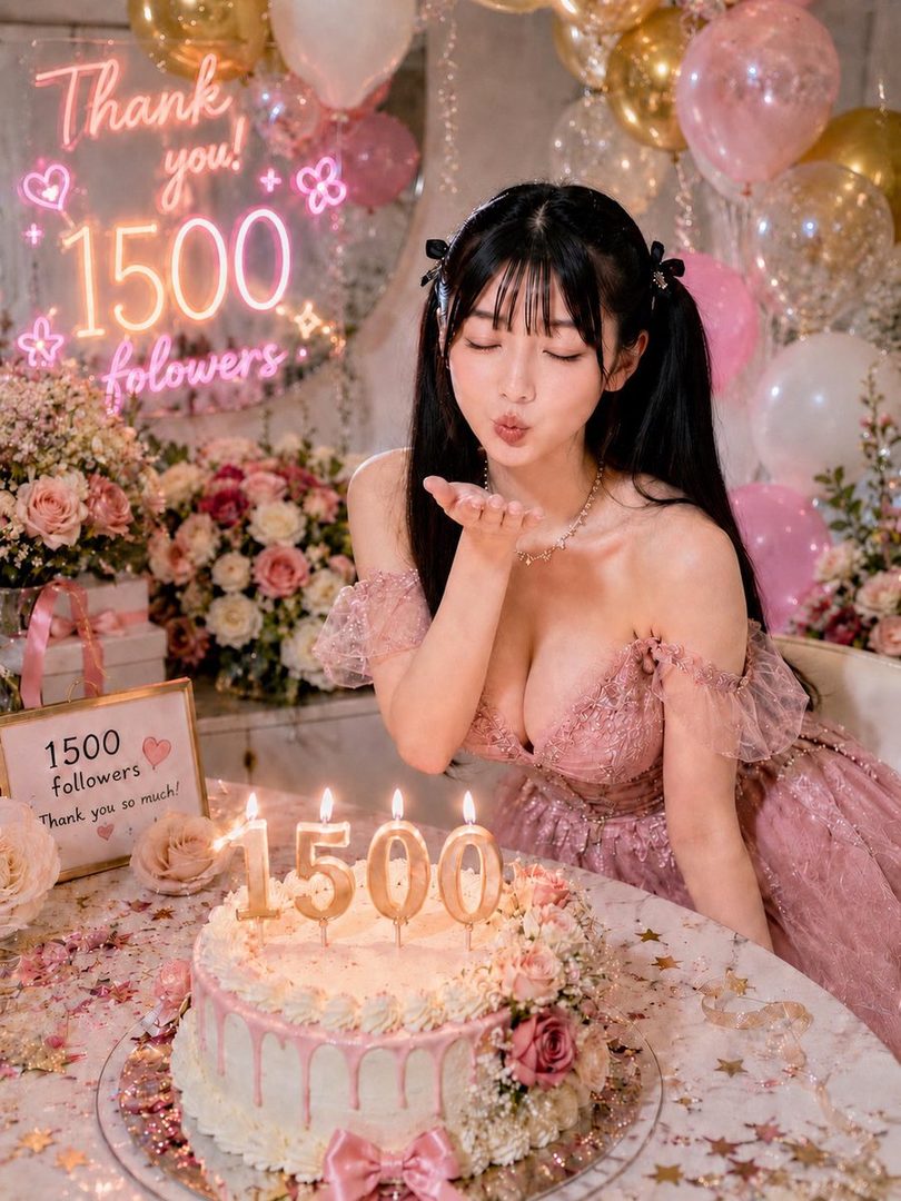 A young woman in a pink dress blows a kiss, celebrating 1500 followers with a cake and balloons.