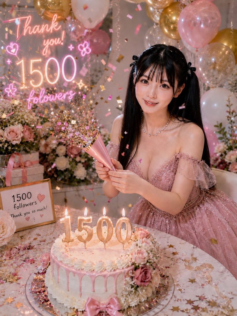 A young woman with black twintails and a pink dress celebrates 1500 followers with a cake and confetti.