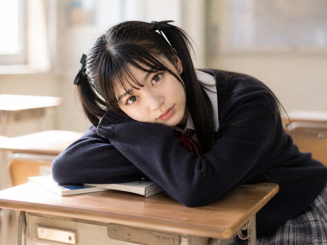 A young girl with black twintails and bangs, wearing a school uniform, rests her head on her arms on a desk in a classroom.