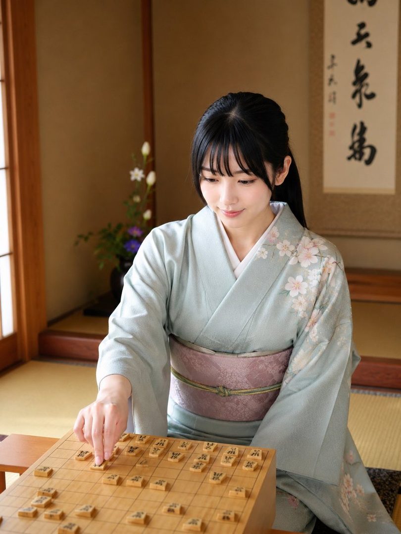 A young woman in a light blue kimono with cherry blossom patterns plays shogi in a traditional Japanese room.