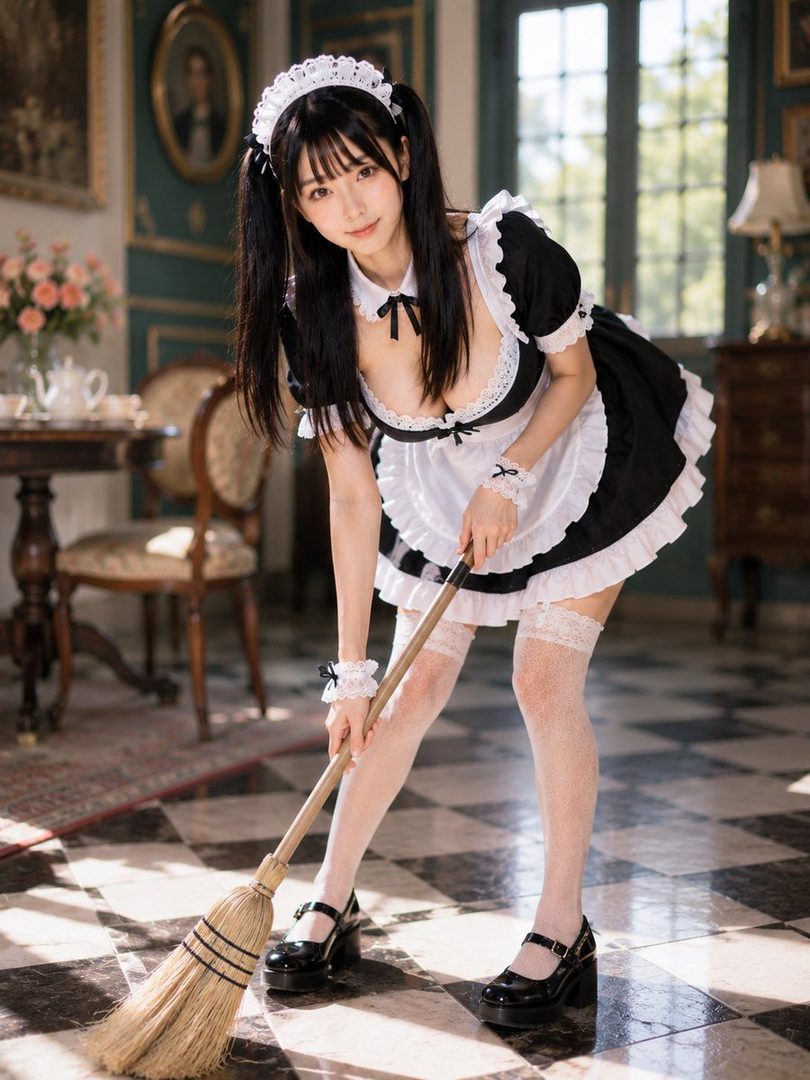 An AI-generated image of a woman in a maid outfit sweeping an ornate indoor floor.