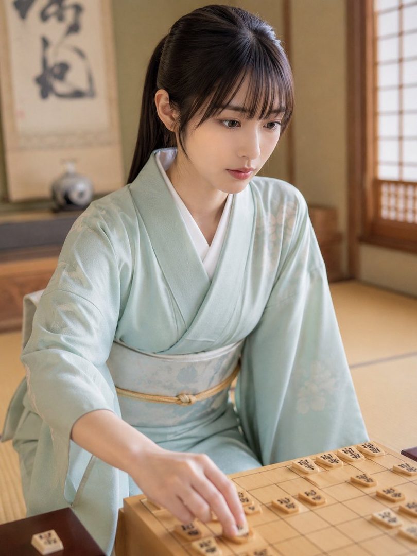 A young woman with black hair tied in a ponytail and bangs, wearing a light green kimono, plays shogi indoors.