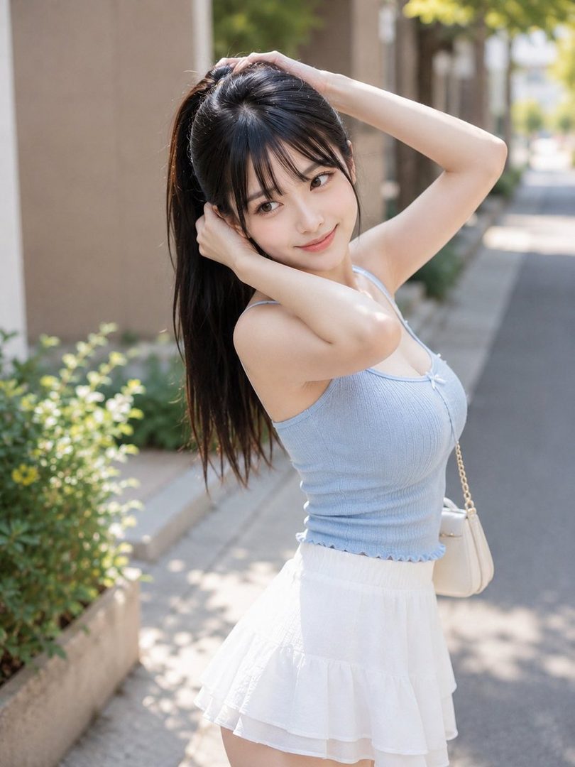 A young woman with black hair tied in a ponytail and bangs, wearing a light blue top and white skirt, poses outdoors.
