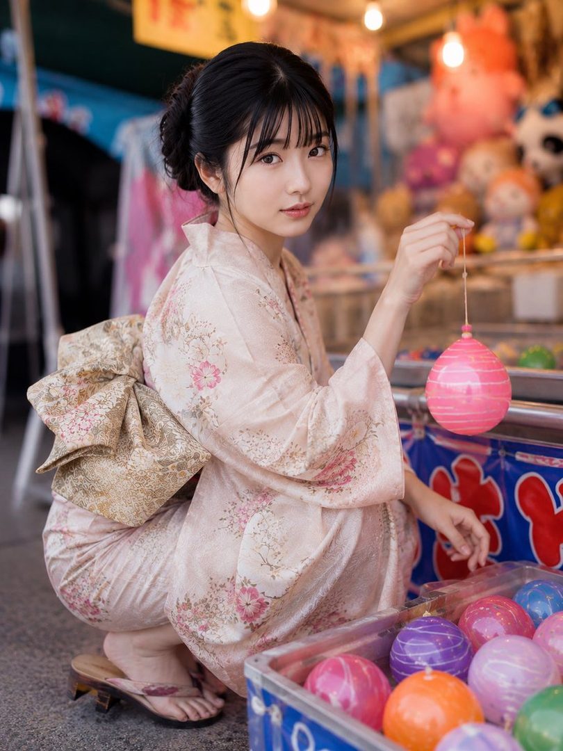 A young woman in a yukata squats down at a festival stall, holding a pink water balloon.