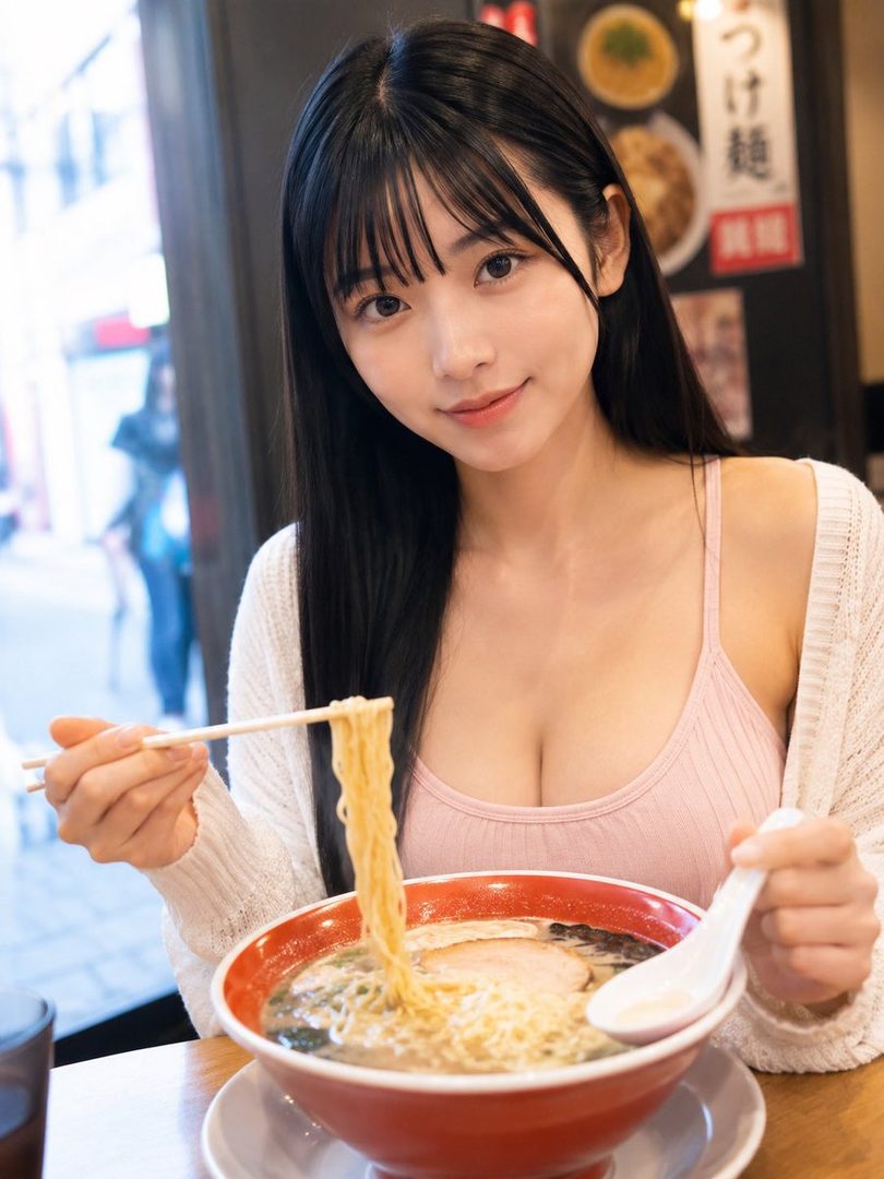 A young woman with long black hair and bangs smiles while eating a bowl of ramen noodles indoors.