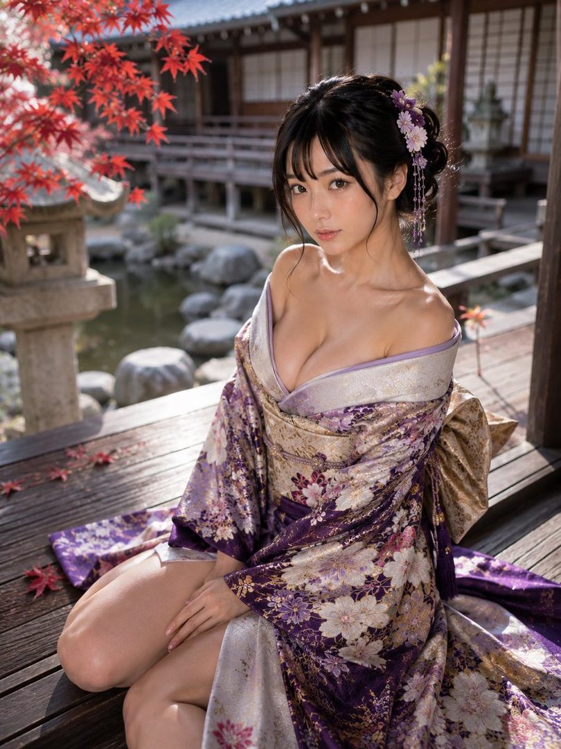 A beautiful woman in a purple kimono with floral patterns sits outdoors in a traditional Japanese garden setting with red maple leaves.