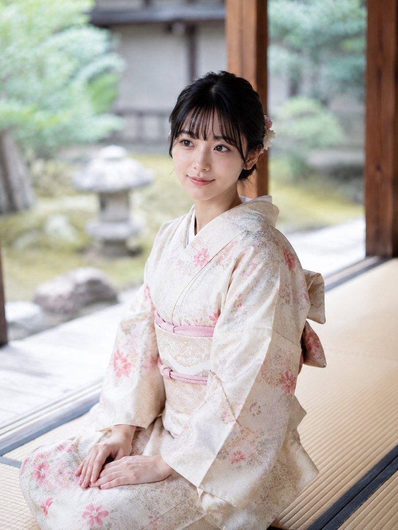 A young woman in a floral kimono sits gracefully on a tatami mat, looking out at a traditional Japanese garden.