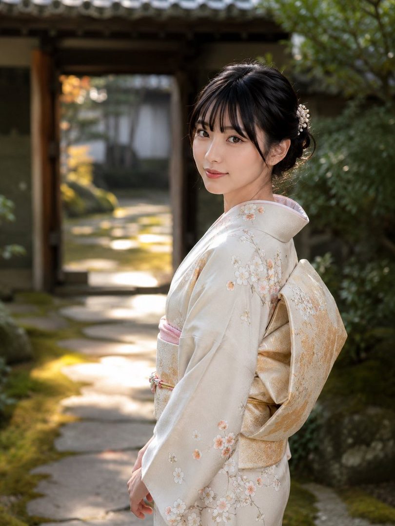 A beautiful woman in a traditional Japanese kimono stands in a serene garden path, looking over her shoulder.
