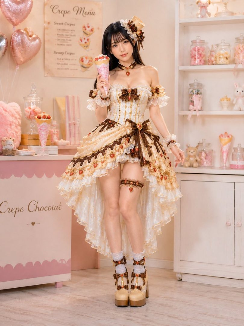 A young woman in a frilly, dessert-themed dress holds a crepe in a sweet shop setting.