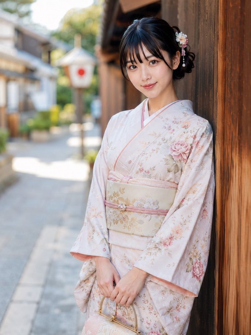 A young woman in a pink floral kimono stands on a traditional Japanese street.