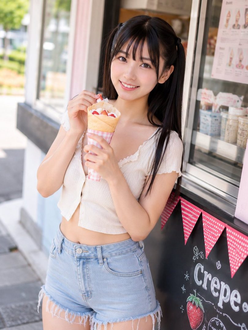 A smiling woman with black twintails and bangs holds a strawberry crepe while standing on a street next to a crepe stand.