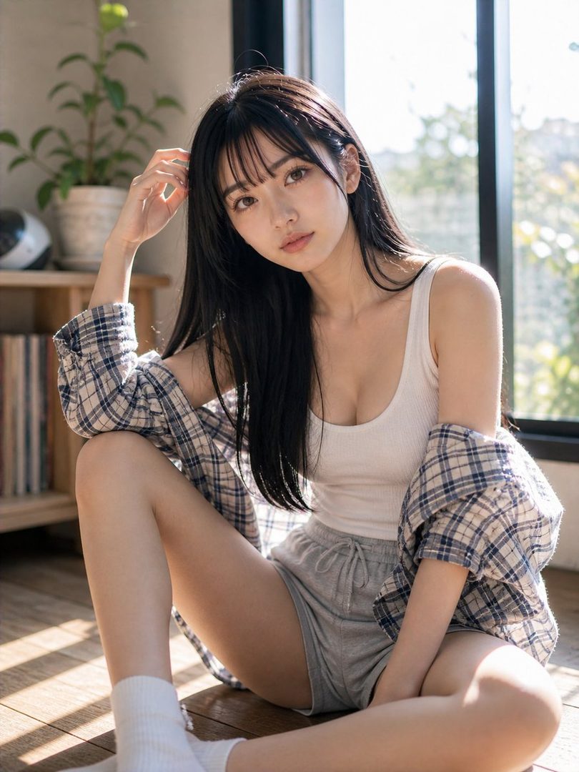A young woman with long black hair and bangs sits on a wooden floor indoors, wearing a white tank top, grey shorts, and a plaid shirt draped over her shoulders, looking calmly at the viewer.
