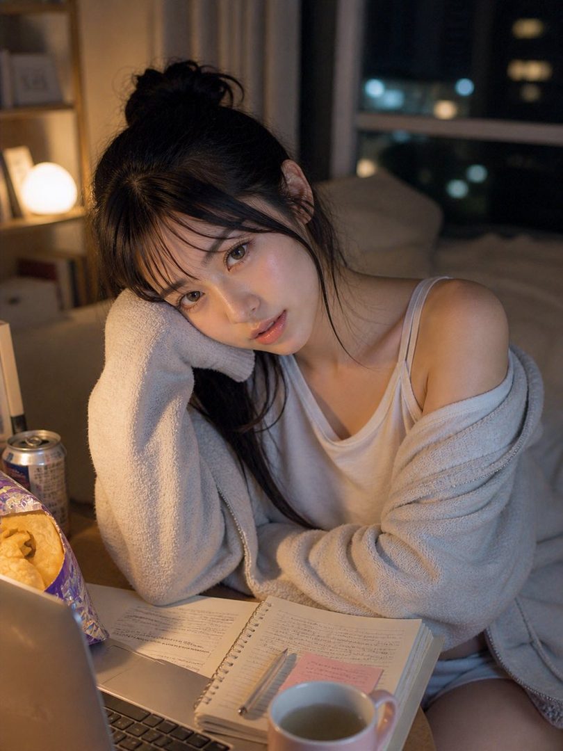A young woman with black hair in a bun, wearing a white tank top and a light cardigan, rests her head on her arm while looking at the camera, with a laptop, notebook, and snacks on a desk in a dimly lit room at night.