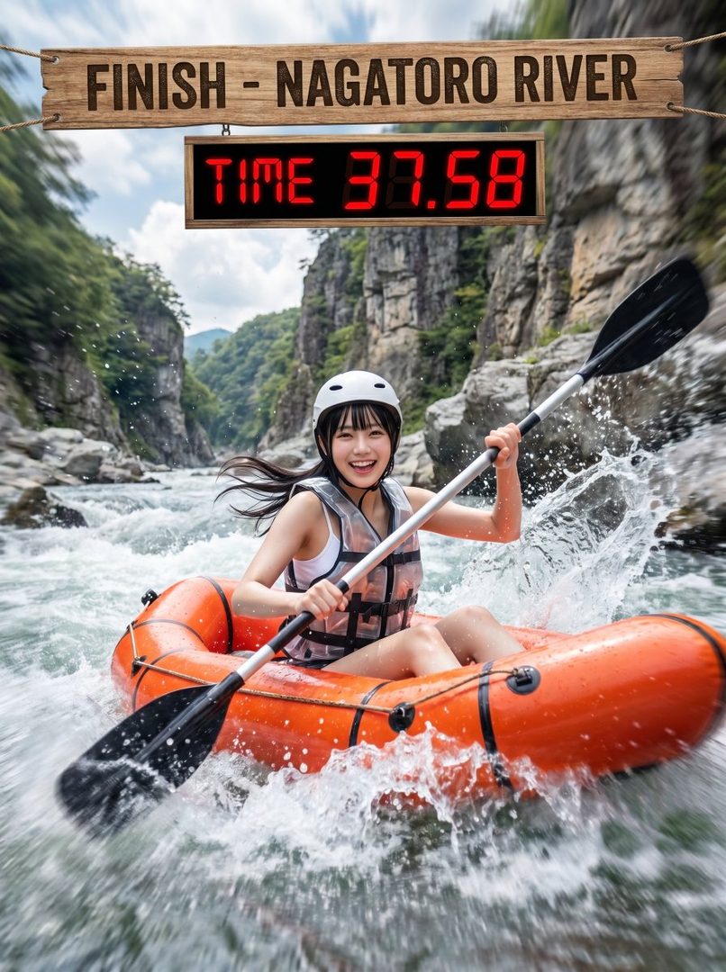 A young woman in a white helmet and life vest is whitewater rafting in an orange inflatable boat, smiling at the camera with a sign above her showing 'FINISH - NAGATORO RIVER' and 'TIME 37.58'.