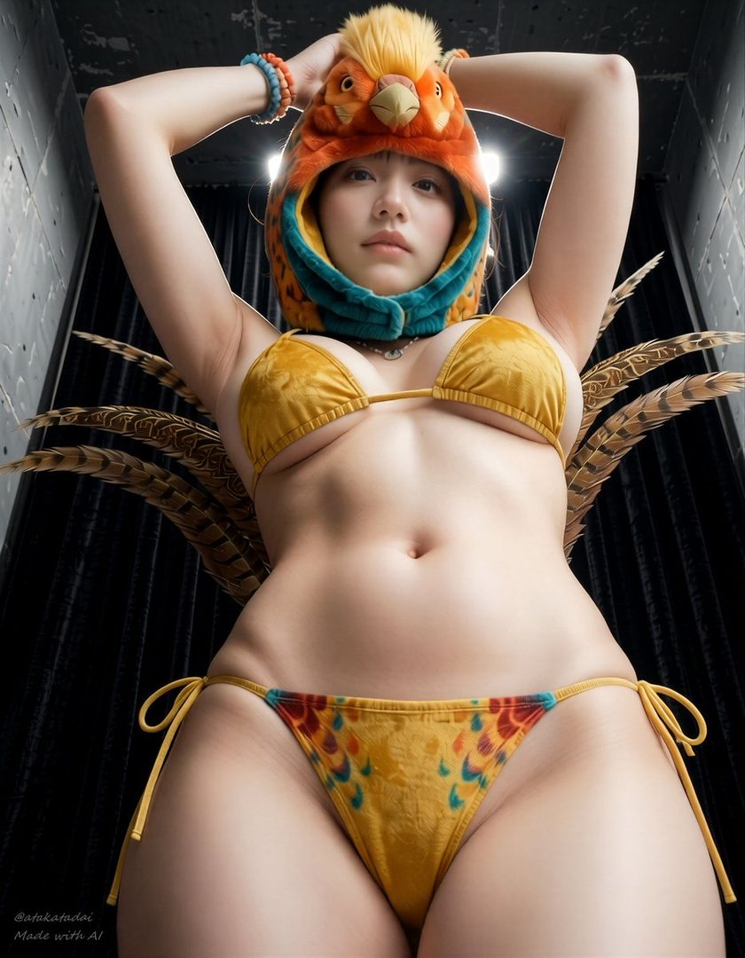 A woman in a yellow bikini and a golden pheasant hat poses indoors.