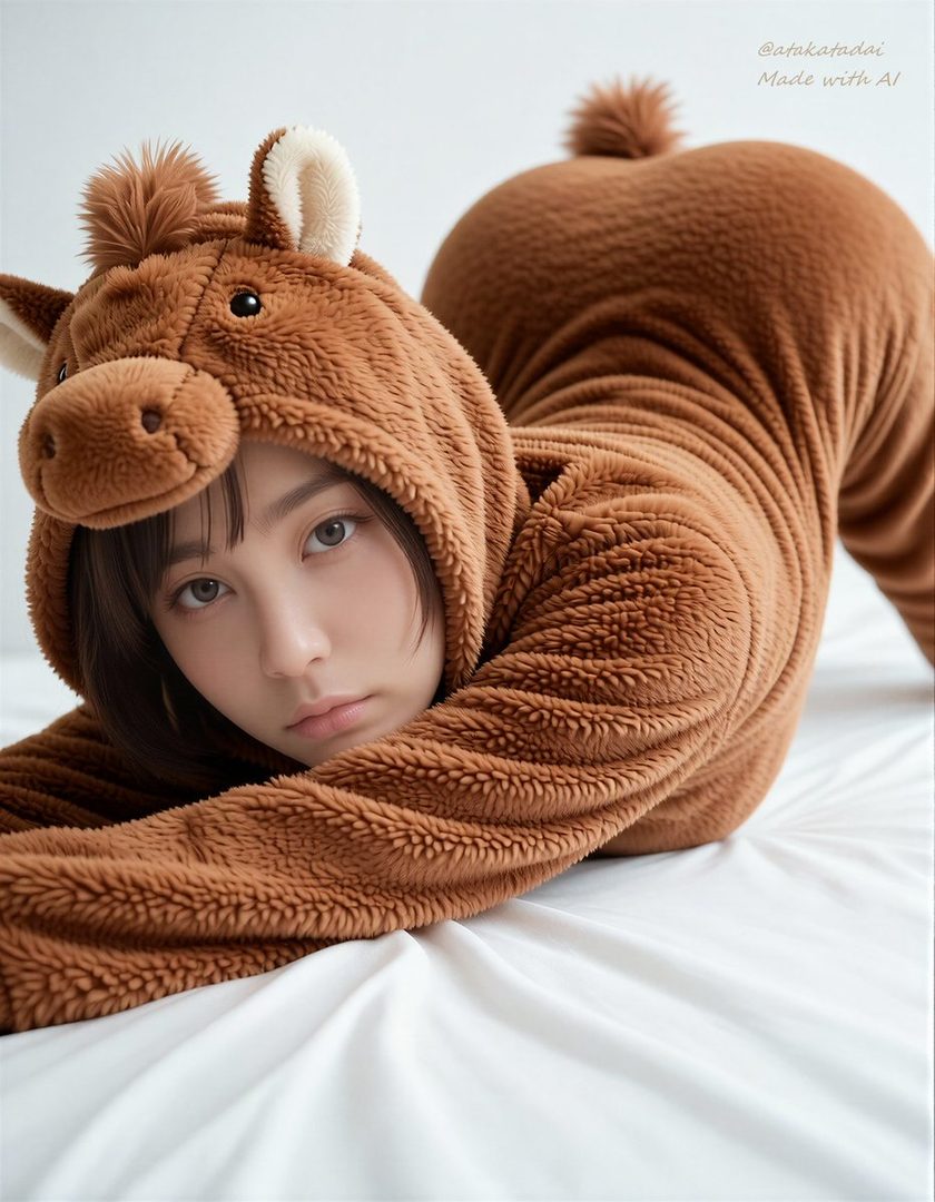 A young woman in a brown horse-themed onesie lies on a white bed, looking directly at the viewer.