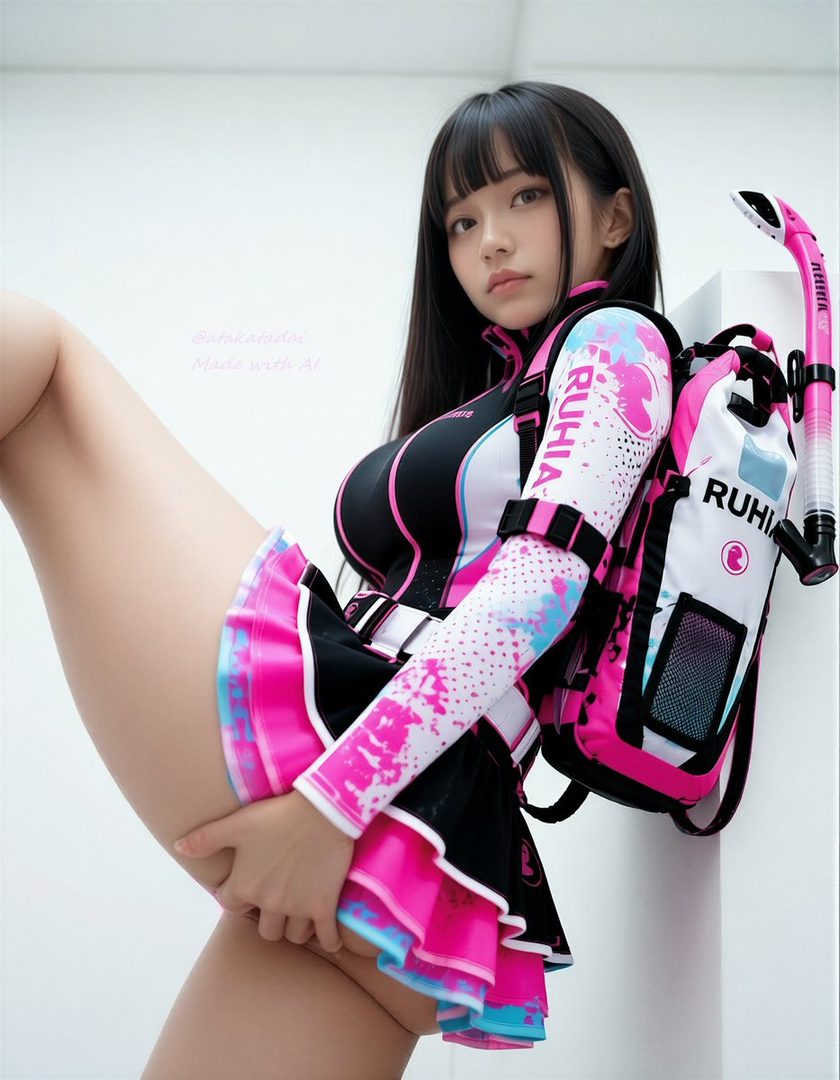 A young woman with long black hair and bangs wears a pink and black wetsuit with a matching backpack and snorkel.