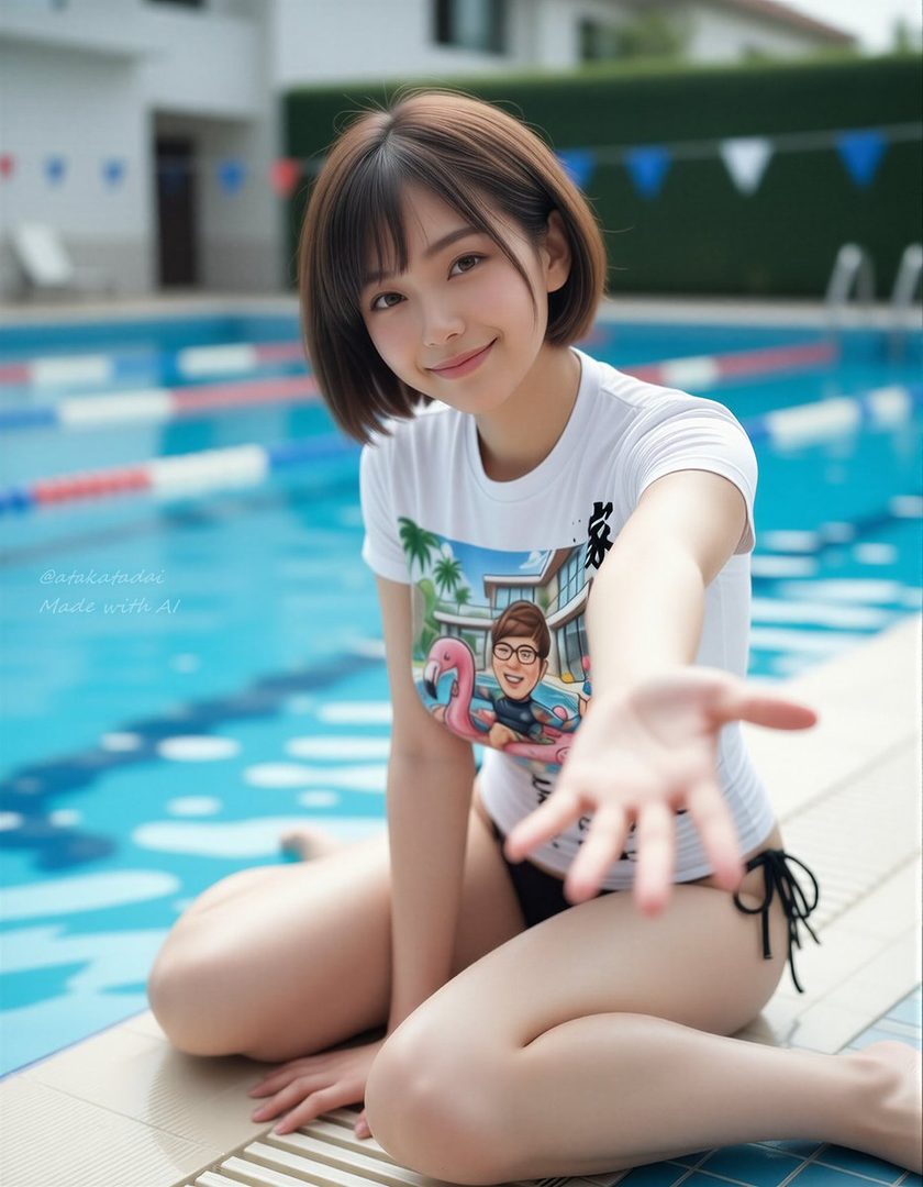 A young woman with short brown hair sits by a swimming pool, wearing a white t-shirt and black swimwear bottoms, extending her hand towards the viewer.