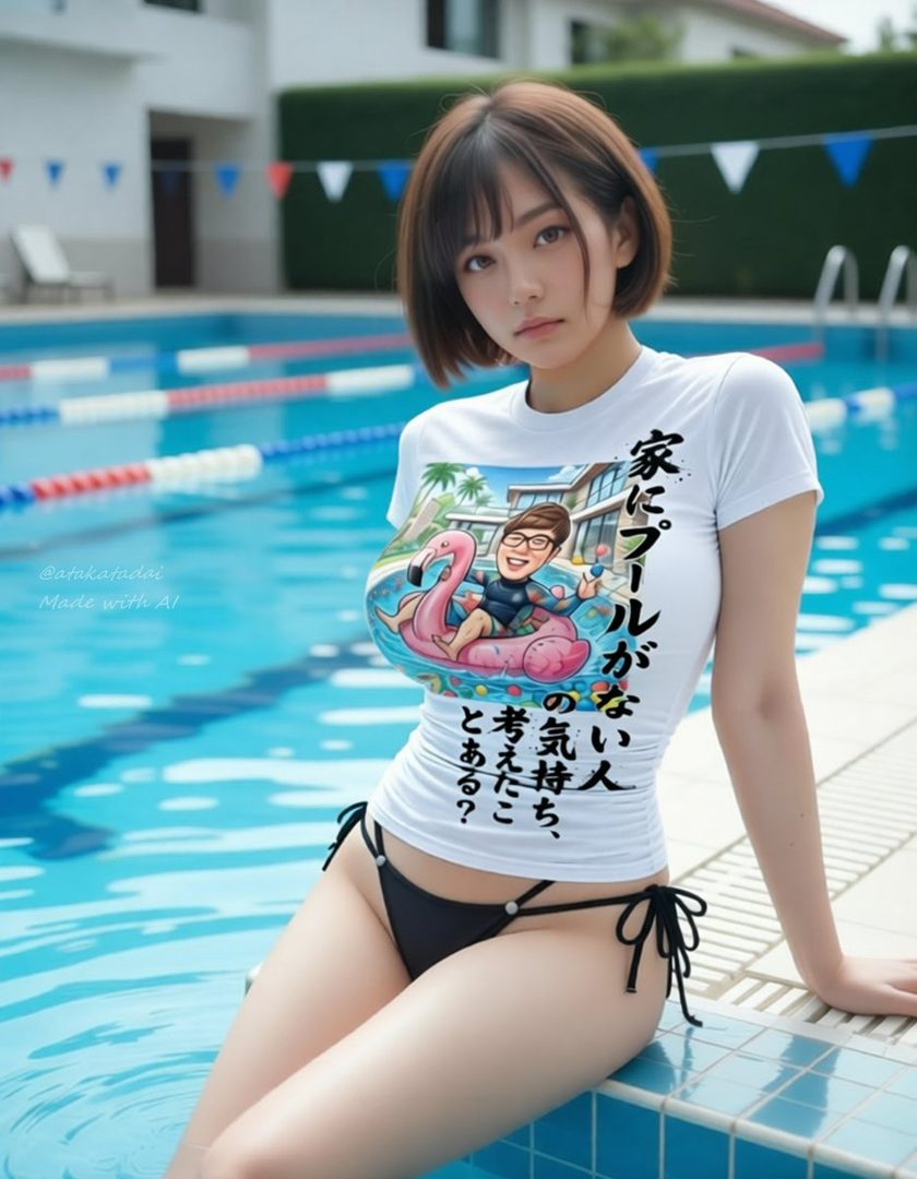 A young woman with short brown hair and bangs sits by a swimming pool, wearing a white t-shirt with a graphic print and black bikini bottoms.