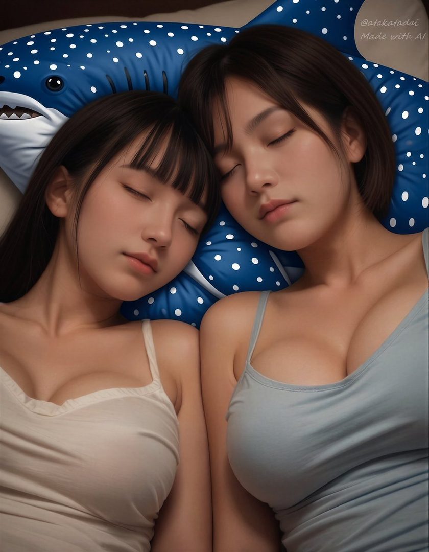 Two young women with closed eyes are sleeping side-by-side on a blue whale shark pillow.