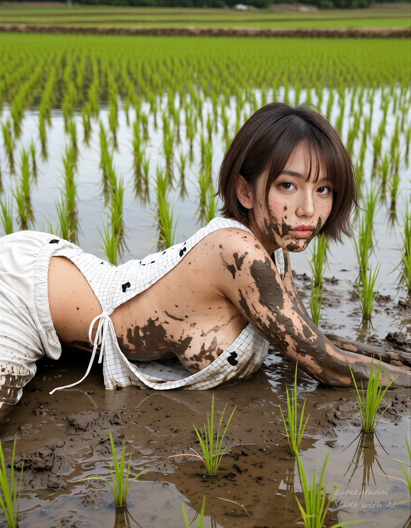 A young woman covered in mud lies in a rice paddy field, looking playfully at the camera.