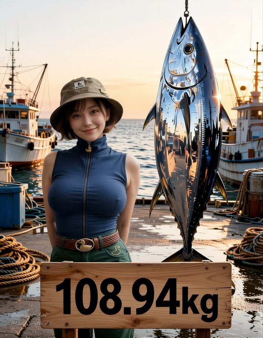 A young woman in a bucket hat and blue top stands on a dock next to a large metallic fish, with fishing boats in the background at golden hour.