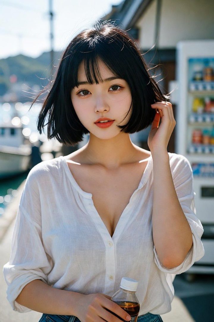 A photorealistic portrait of a young woman with short black hair and bangs, wearing a white casual shirt, holding a drink bottle outdoors.