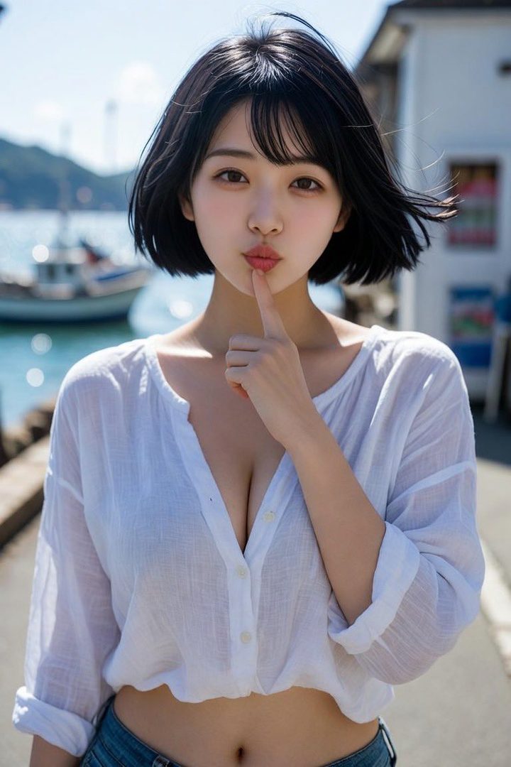 A cute young woman with short black hair and a white shirt poses outdoors with a finger to her lips, with a harbor in the background.